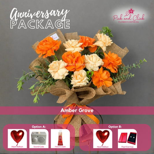 Amber Grove Anniversary Package featuring 5 Peach Roses, 5 Orange Roses, Parvi Leaves, and a choice of anniversary gift add-ons in the Philippines.
