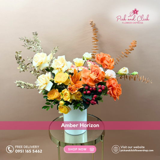 Imported orange and peach roses with stargazer lilies and lisianthus in vase – Metro Manila flower delivery