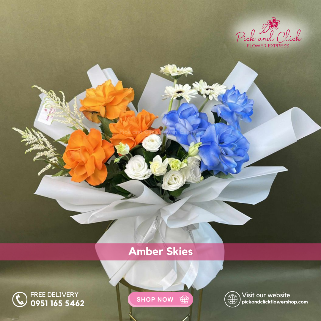 Orange rose, blue-sprayed white rose, white lisianthus, white gerbera, and white astilbe bouquet – Metro Manila flower delivery
