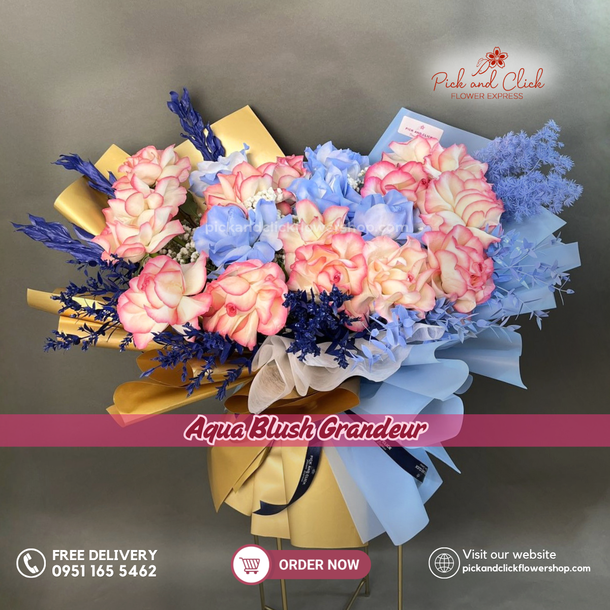 Aqua Blush Grandeur Bouquet featuring two tone pink roses, light blue sprayed imported white roses, gypsophila, blue sprayed parvi leaves, ritro leaves, and melaleuca, a unique and artistic floral arrangement blending soft pink and cool blue tones, perfect for birthdays, celebrations, and special occasions in the Philippines.