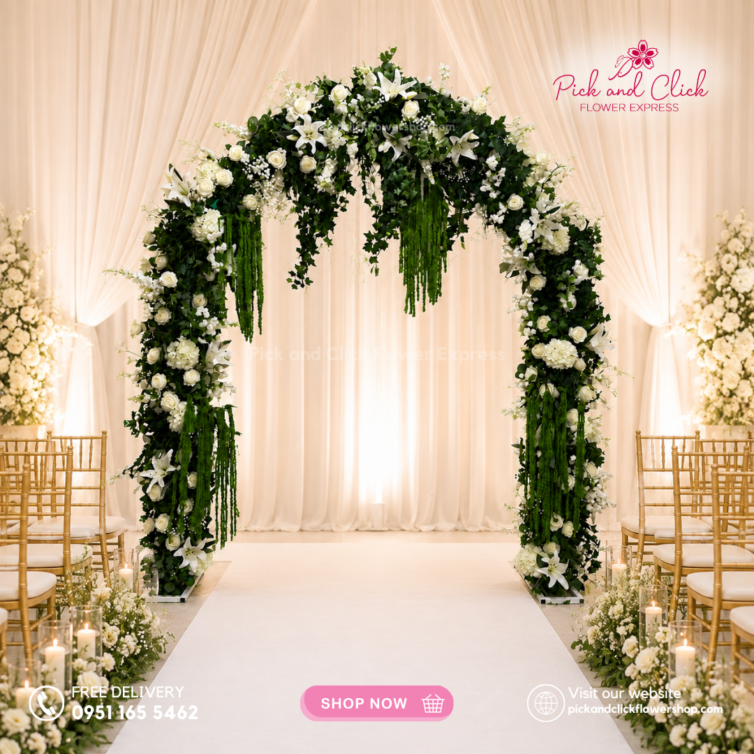 Artificial Arc 1 featuring Roses, Stargazers, Hydrangeas, Snapdragons, Gypsophila, Amaranthus, Ivy Garland, and Ivy Vines for wedding and event decoration in the Philippines.