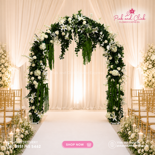Artificial Arc 1 featuring Roses, Stargazers, Hydrangeas, Snapdragons, Gypsophila, Amaranthus, Ivy Garland, and Ivy Vines for wedding and event decoration in the Philippines.