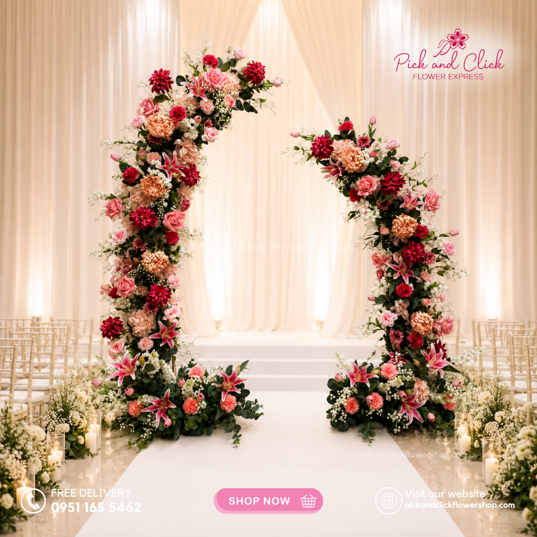 Artificial Arc 2 featuring Roses, Gerberas, Dahlias, Tulips, Stargazers, Sunlight Chrysanthemums, Hydrangeas, Snapdragons, Statice, Gypsophila, Eucalyptus, and Silver Dollar Leaves for wedding and event decoration in the Philippines.