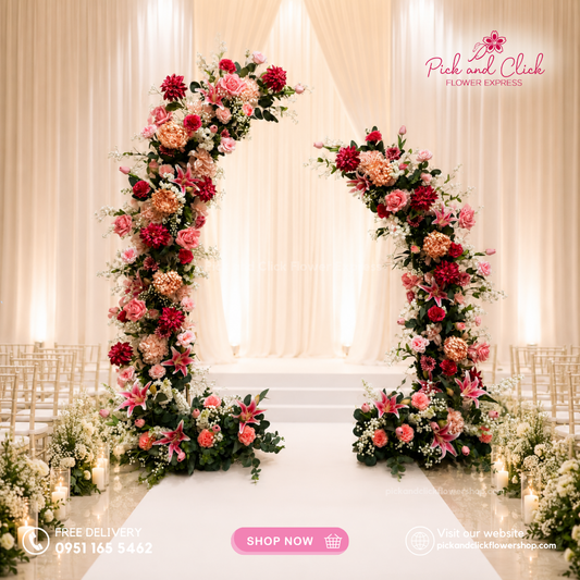 Artificial Arc 2 featuring Roses, Gerberas, Dahlias, Tulips, Stargazers, Sunlight Chrysanthemums, Hydrangeas, Snapdragons, Statice, Gypsophila, Eucalyptus, and Silver Dollar Leaves for wedding and event decoration in the Philippines.