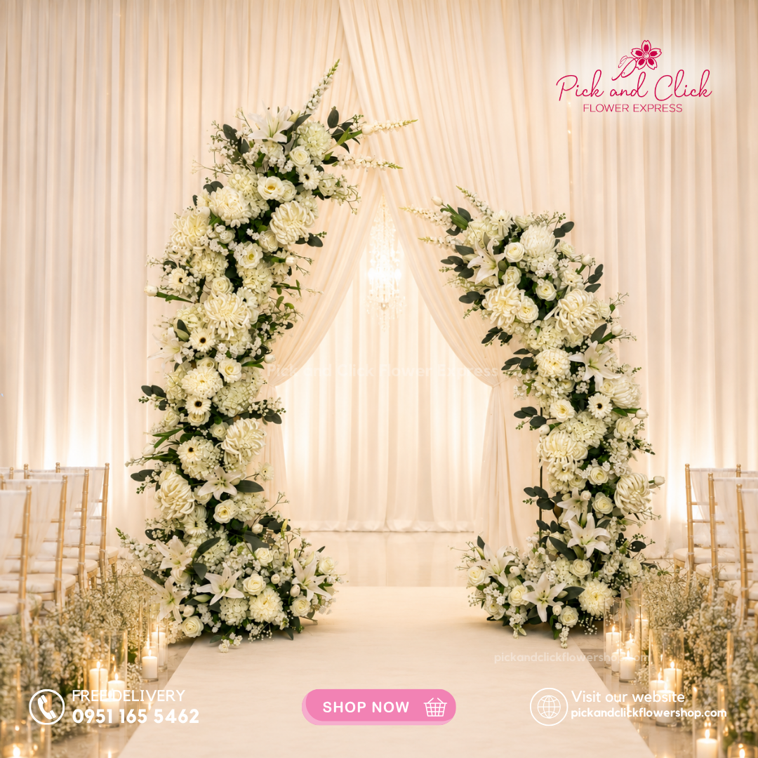 Artificial Arc 3 featuring Roses, Gerberas, Stargazers, Tulips, Sunlight Chrysanthemums, Hydrangeas, Statice, Snapdragons, Gypsophila, and Rice Flowers for wedding and event decoration in the Philippines.