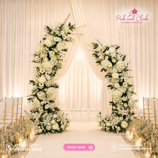 Artificial Arc 3 featuring Roses, Gerberas, Stargazers, Tulips, Sunlight Chrysanthemums, Hydrangeas, Statice, Snapdragons, Gypsophila, and Rice Flowers for wedding and event decoration in the Philippines.