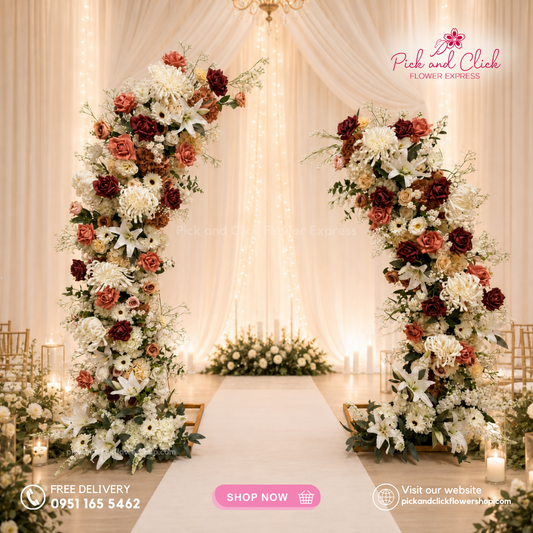 Artificial Arc 4 featuring Roses, Gerberas, Stargazers, Sunlight Chrysanthemums, Hydrangeas, Snapdragons, Statice, Gypsophila, Eucalyptus, and Parvi for wedding and event decoration in the Philippines.