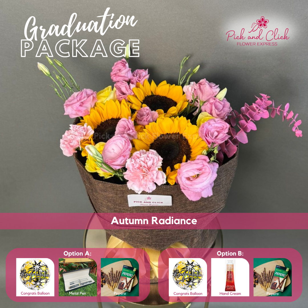 Autumn Radiance Graduation Pack featuring sunflowers, yellow roses, light pink carnations, pink lisianthus, and pink sprayed eucalyptus, arranged with graduation gift add ons, a bright and elegant floral arrangement perfect for graduation ceremonies, achievements, and memorable celebrations in the Philippines.