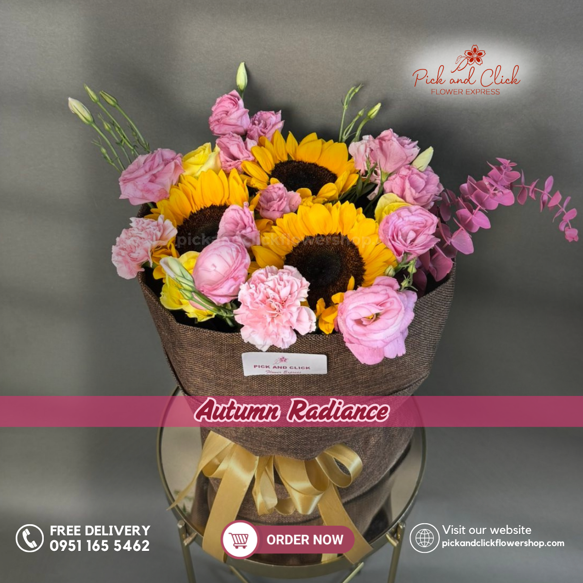 Autumn Radiance Bouquet featuring sunflowers, yellow roses, light pink carnations, pink lisianthus, and pink sprayed eucalyptus arranged in an elegant floral design, a bright and cheerful bouquet perfect for birthdays, celebrations, congratulations, and special occasions in the Philippines.