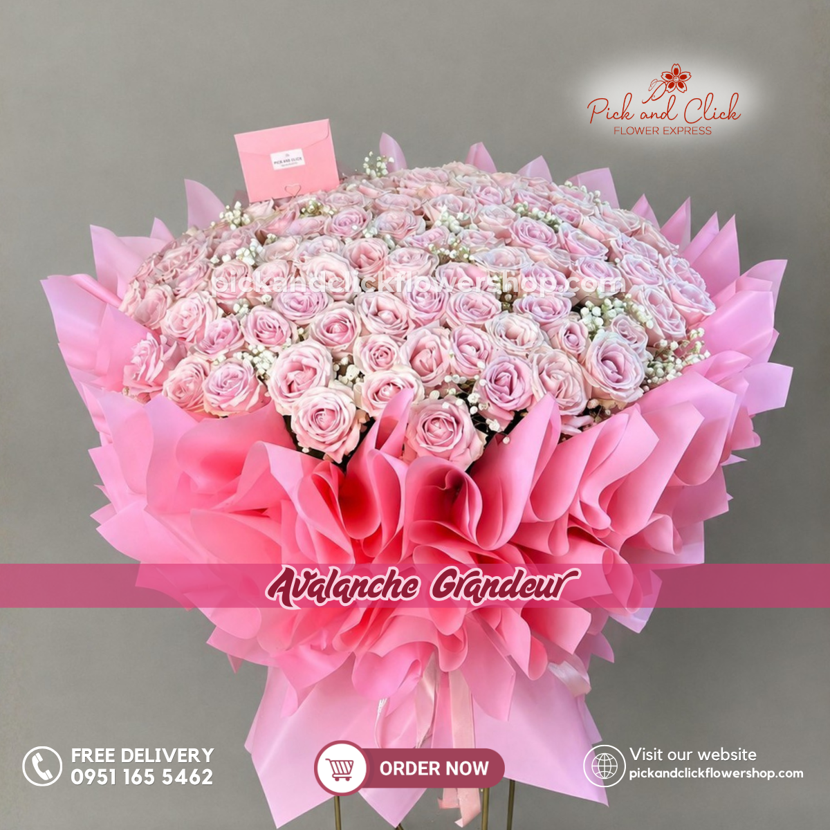 Avalanche Grandeur Bouquet featuring 100 Light Pink Avalanche Roses with Gypsophila in a luxurious and grand pink flower bouquet, perfect for birthdays, anniversaries, congratulations, milestone celebrations, and special occasions in Metro Manila, Philippines.