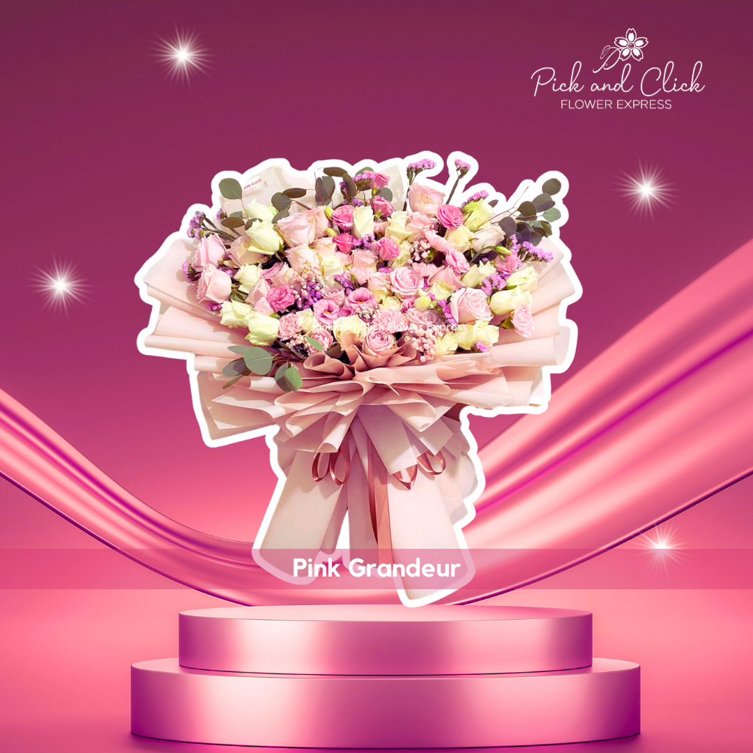 Bouquet with white and light pink China rose, pink lisianthus, and silver dollar eucalyptus in pink wrap