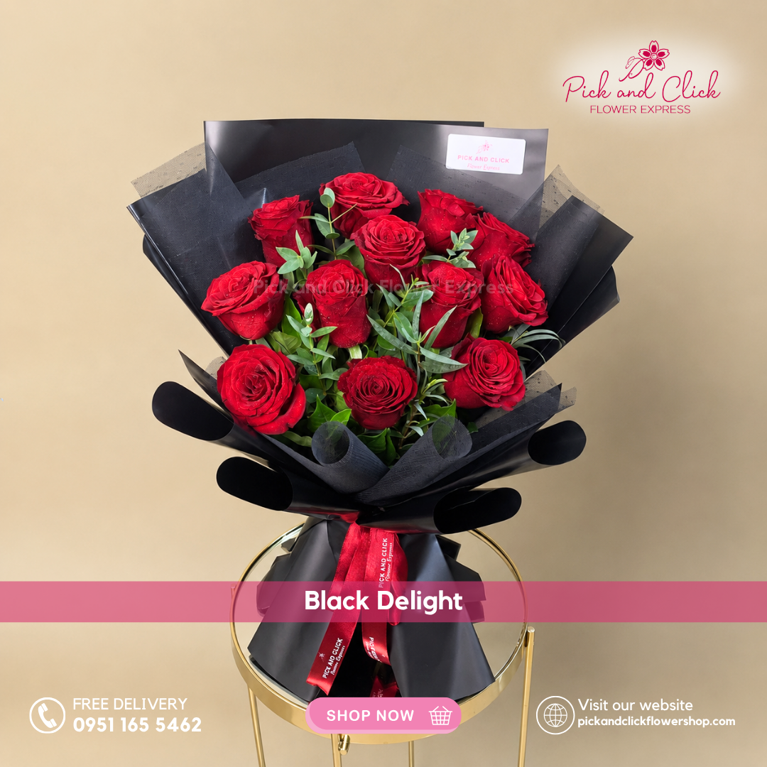 Black Delight Bouquet featuring an imported red rose accented with parviflora, a simple yet elegant floral arrangement perfect for romantic gestures, anniversaries, and special occasions in the Philippines.
