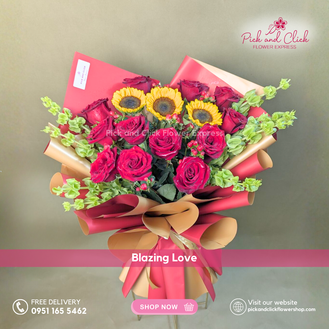 Bouquet with imported red rose, sunflower, berries, and Bells of Ireland in red and gold two-tone wrap