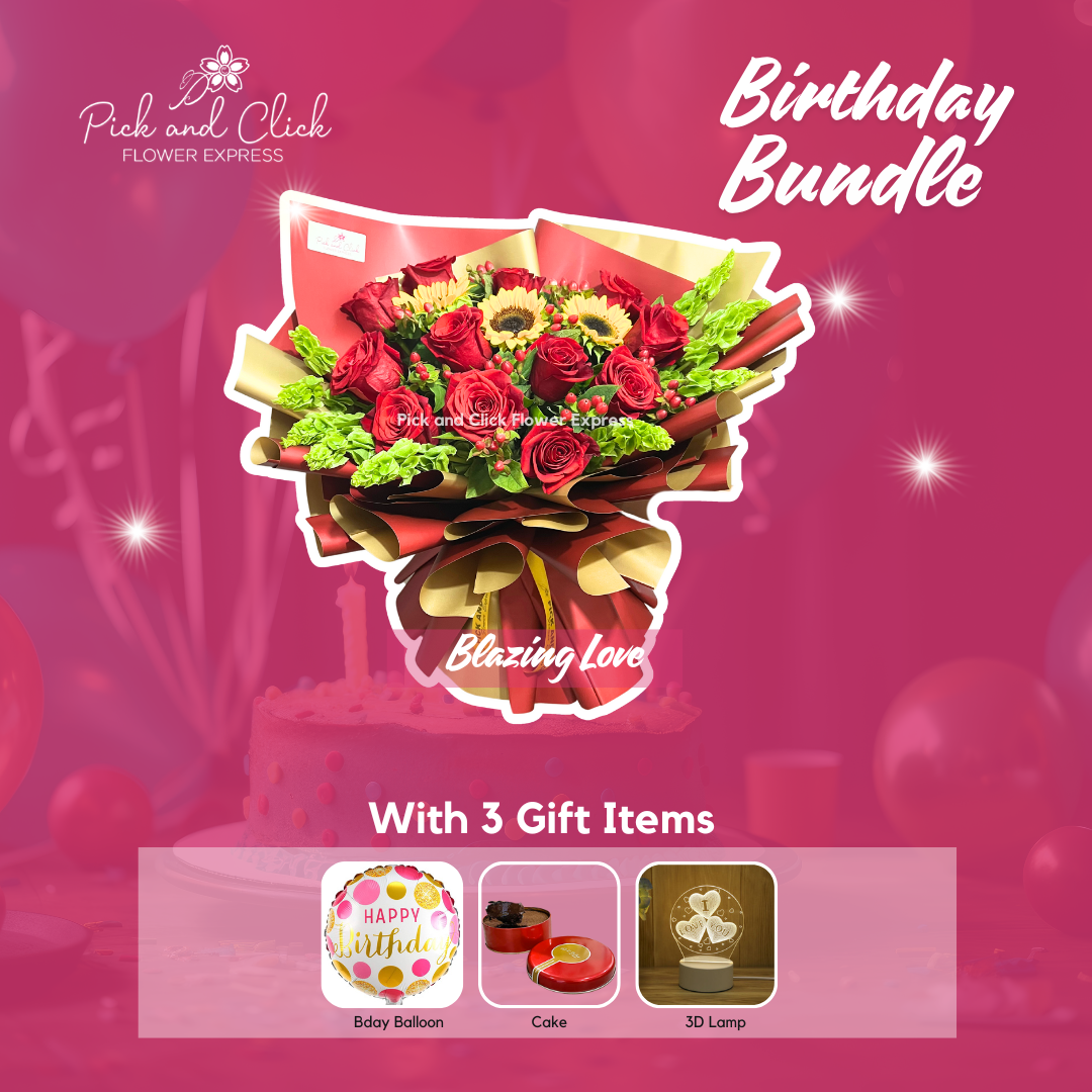 Bouquet of sunflower, imported red rose, Bells of Ireland, and imported berries in red-gold two-tone wrap — vibrant and luxurious floral gift