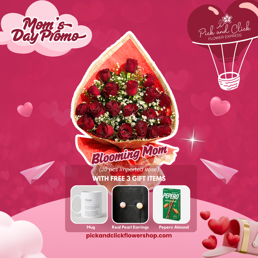 Bouquet of imported red roses in rustic burlap wrapping with freebies — a natural, heartfelt gift for a blooming mom