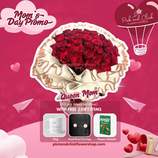 Large bouquet of imported red roses with included freebies — a royal floral gift for a beloved Queen Mom