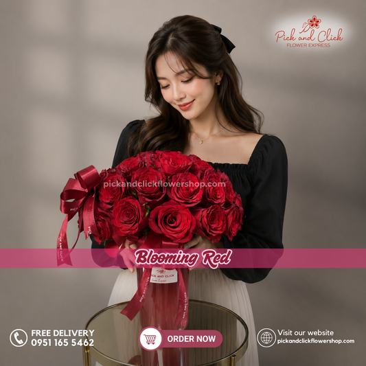 Blooming Red Vase Arrangement featuring 40 imported red roses beautifully arranged in a premium ceramic vase, a luxurious and timeless floral centerpiece perfect for anniversaries, romantic gifts, grand celebrations, corporate gifting, and special occasions in the Philippines.