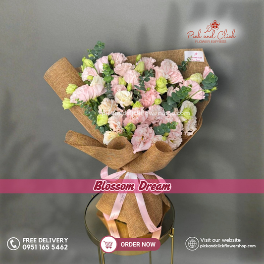 Blossom Dream Bouquet featuring fresh peach lisianthus with eucalyptus in an elegant floral arrangement.

Why choose Pick and Click Flower Express? Because we're the Best Flower Shop and a direct importer of fresh flowers from China, bringing you fresher blooms, premium quality, and better prices.