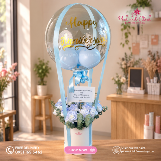 Blue Dreamland featuring a blue sprayed white China rose paired with a blue bobo balloon in a box, a unique and eye catching gift arrangement perfect for birthdays, surprises, and special occasions in the Philippines.