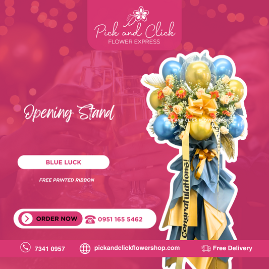 Blue Luck Flower Stand featuring imported roses, gerbera, dried palm leaves, gypsophila, balloons, and a custom printed ribbon, a vibrant and elegant floral arrangement perfect for grand openings, business launches, and special events in the Philippines.
