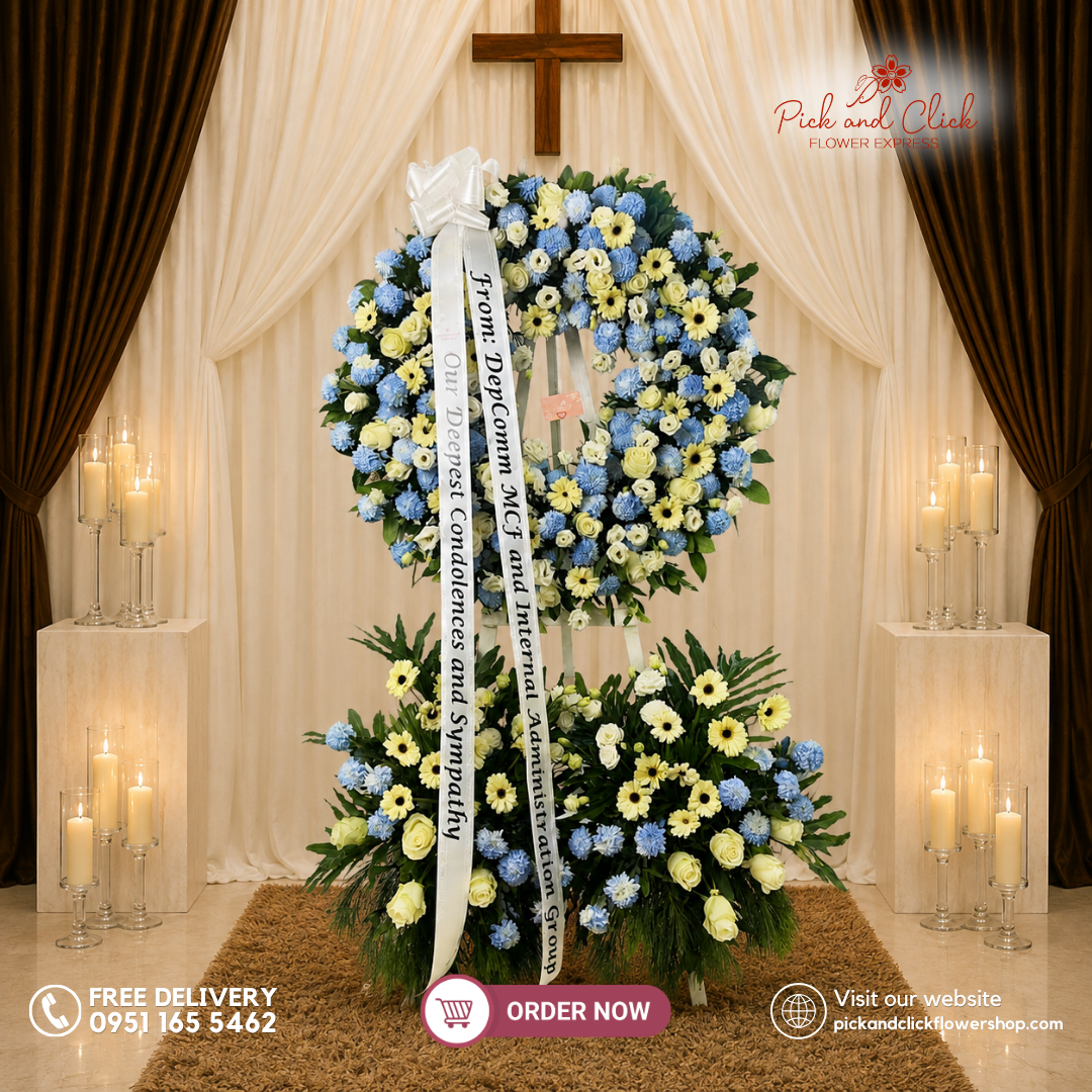 Blue Memory 2 Funeral Stand featuring Light Blue-Sprayed Wonder White Chrysanthemums, Imported White Roses, White Gerberas, White Lisianthus, Selloum, Anahaw, and Rosal in an elegant funeral tribute in the Philippines.