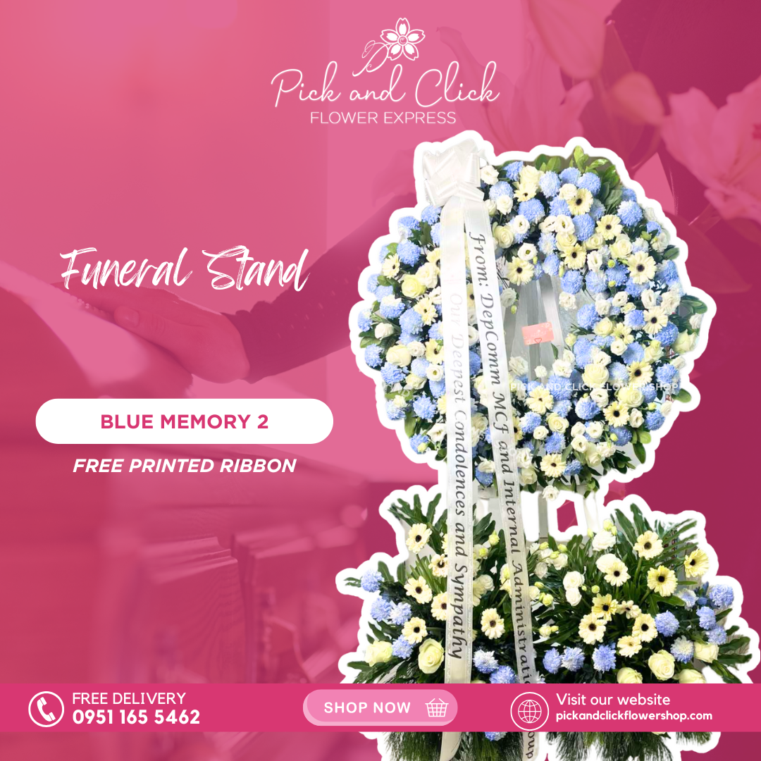 Blue Memory 2 Funeral Stand featuring white gerberas, imported white roses, white lisianthus, light blue sprayed wonder white, rosal, anahaw, and selloum leaves, a serene and elegant sympathy floral arrangement designed as a respectful tribute for funerals and memorial services in the Philippines.