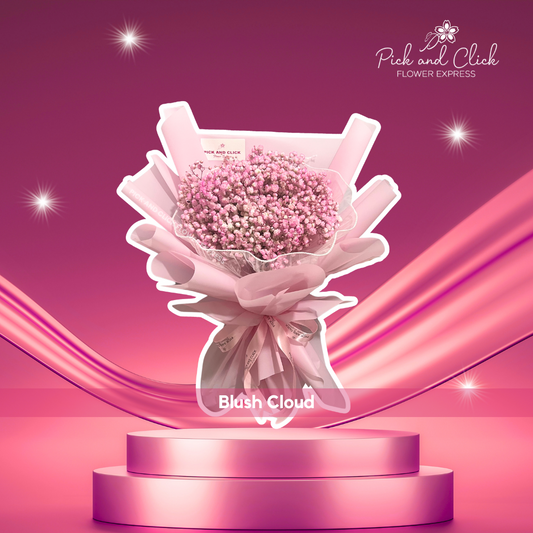 Bouquet of soft pink-sprayed gypsophila flowers wrapped in pastel paper, perfect for romantic or whimsical occasions