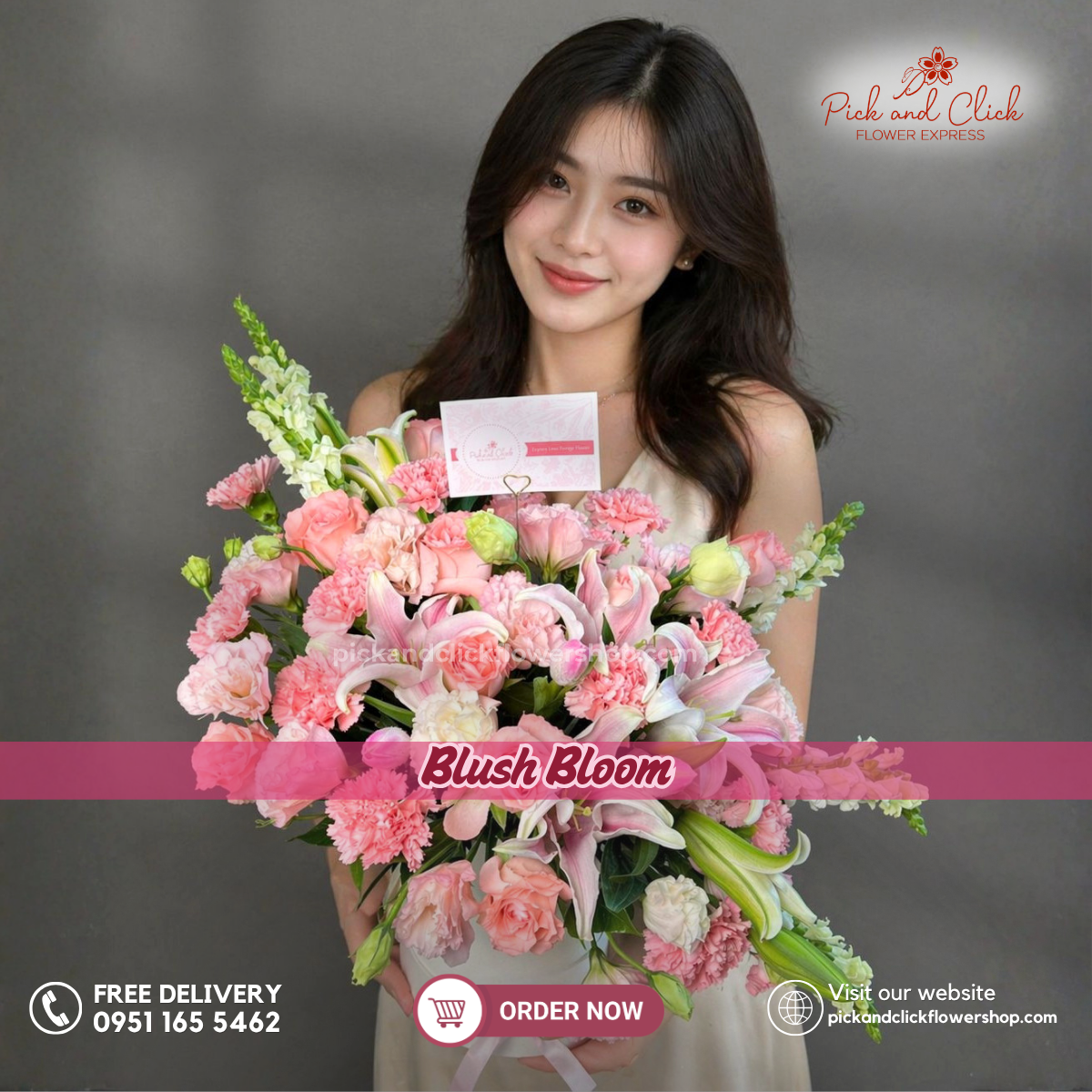 Blush Bloom Box Arrangement featuring imported light pink roses, light pink carnations, pink stargazer lilies, pink lisianthus, and snapdragons, beautifully arranged in an elegant flower box with soft blush pink tones, a luxurious floral gift perfect for birthdays, anniversaries, romantic occasions, Mother's Day, and special celebrations in the Philippines.