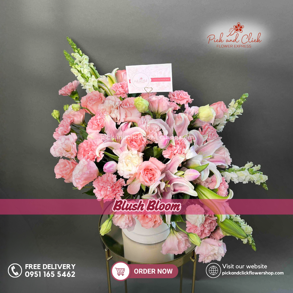 Blush Bloom Bouquet featuring imported light pink roses, carnations, stargazer lilies, lisianthus, and snapdragons, a soft and elegant mixed flower arrangement perfect for birthdays, Mother’s Day, and special occasions in the Philippines.