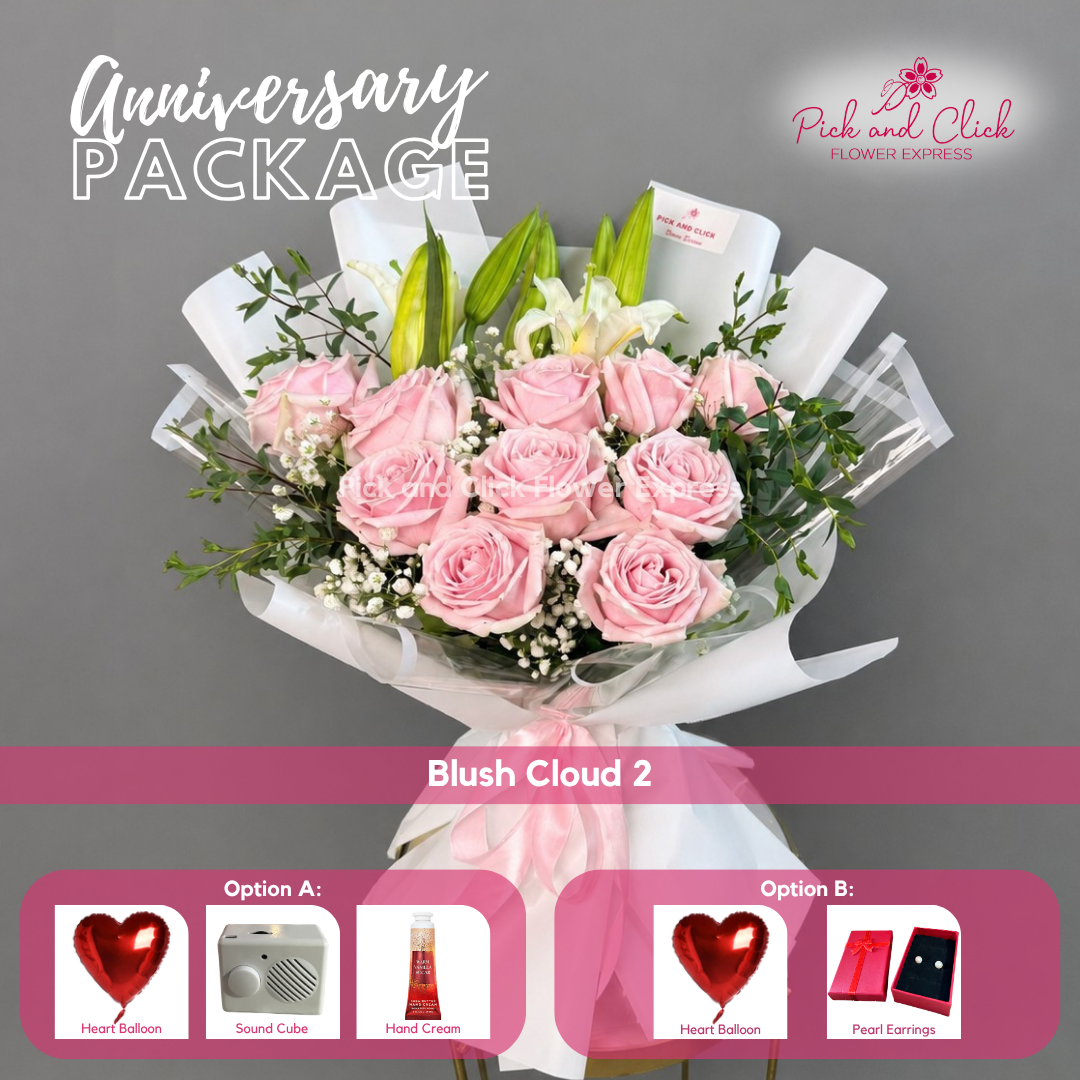 Blush Cloud 2 Anniversary Package featuring 10 Light Pink Roses, 2 Stems White Stargazers, Gypsophila, Eucalyptus, and thoughtful anniversary gift add-ons in the Philippines.