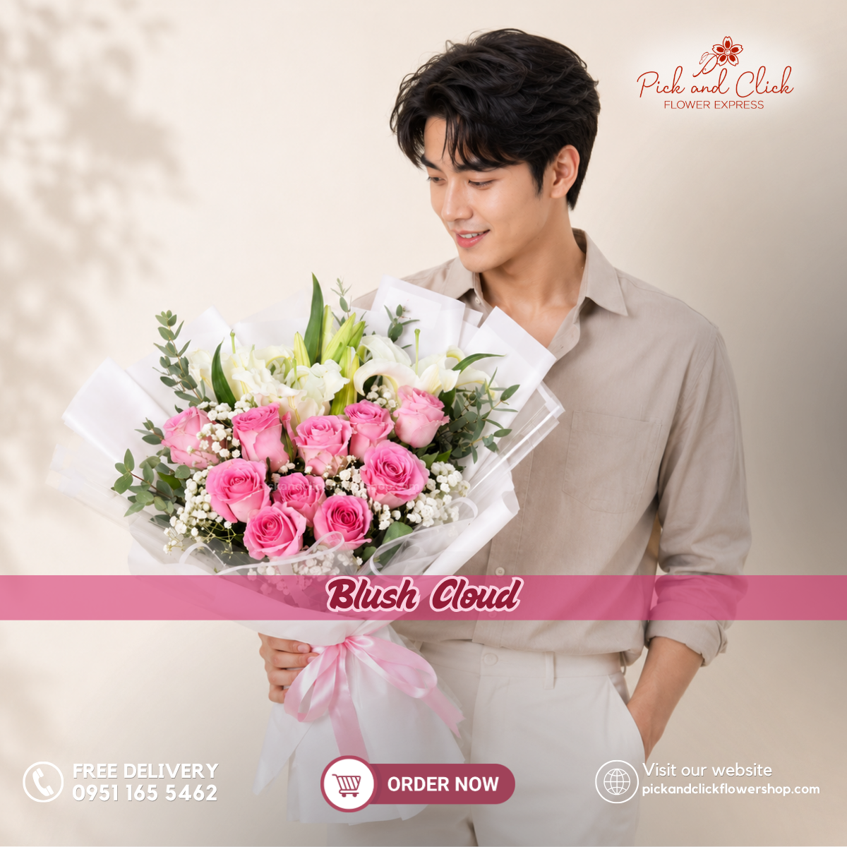 Blush Cloud Bouquet featuring 10 imported light pink roses, 2 stems of white lilies, delicate gypsophila, and fresh parvi leaves, arranged in an elegant floral design with soft blush pink, pure white, and fresh green accents, a luxurious bouquet perfect for birthdays, anniversaries, weddings, romantic gifts, and special occasions in the Philippines.