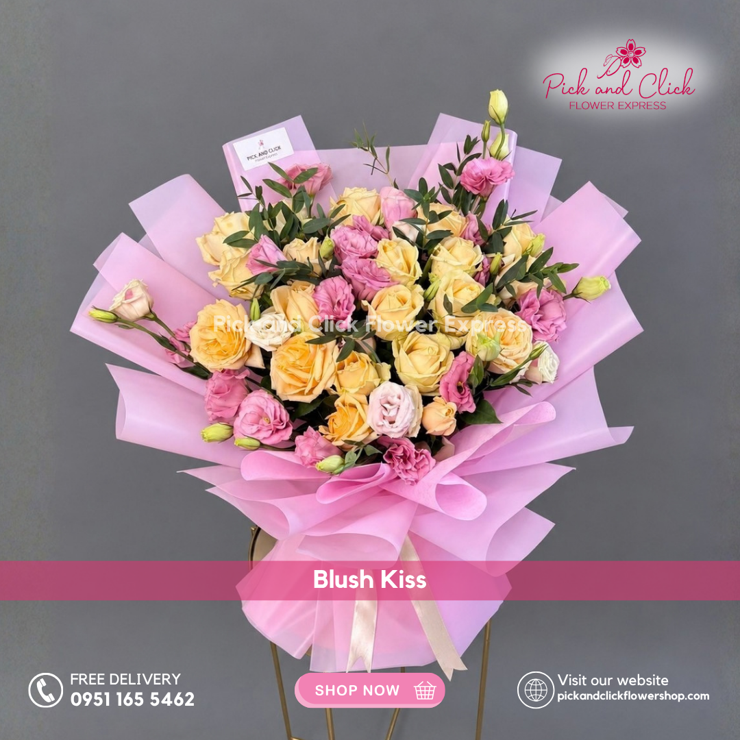Blush Kiss Bouquet featuring 20 Peach Roses and Pink Lisianthus in a soft and elegant peach and pink floral arrangement in the Philippines.