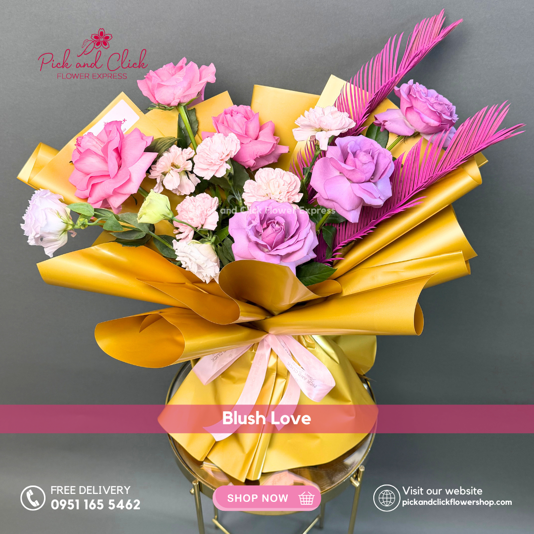 Blush Love Bouquet featuring imported hot pink roses, moody blue roses, carnations, and lisianthus, a bold and romantic mixed floral arrangement perfect for birthdays, anniversaries, and special occasions in the Philippines.