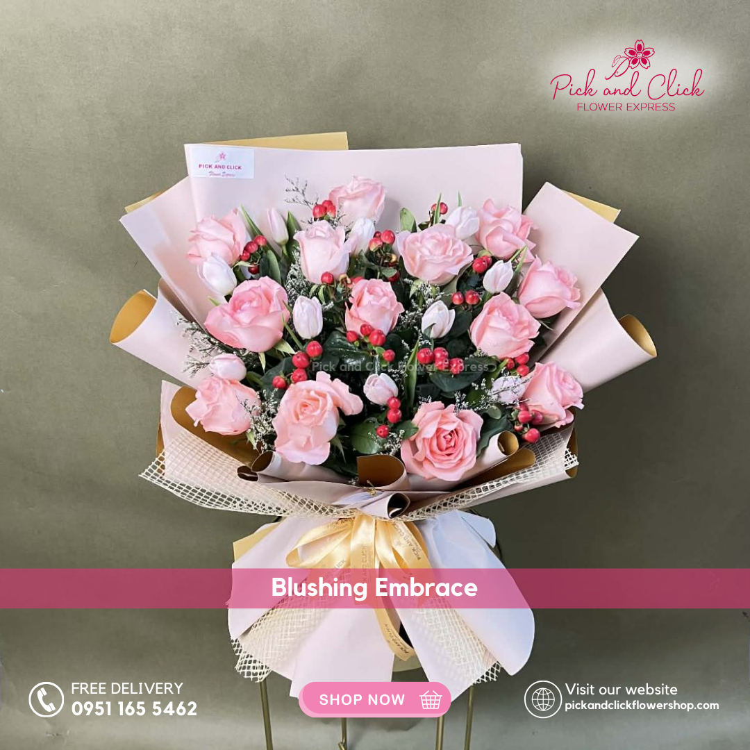 Bouquet of imported pink China rose, tulips, berries, and misty blue in two-tone gold and beige wrap — soft and elegant floral gift