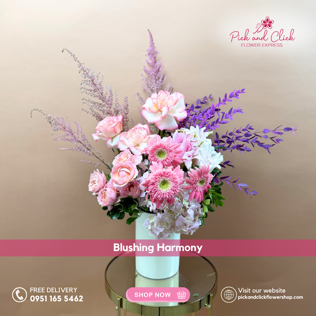 Two-tone pink roses, gerbera, and white hydrangea in elegant vase – Metro Manila flower delivery
