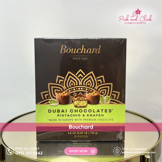 Bouchard Dubai Chocolates – Pistachio & Knafeh 12-piece box featuring premium European chocolate with pistachio cream and knafeh crunch.