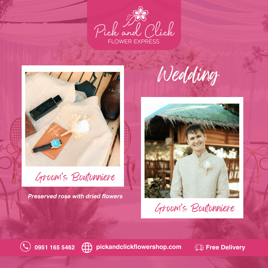 Boutonniere featuring preserved and dried flowers arranged in a delicate and elegant lapel design, perfect for weddings, formal events, and special occasions in the Philippines.
