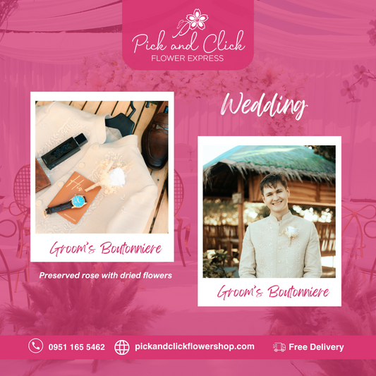 Boutonniere featuring preserved and dried flowers arranged in a delicate and elegant lapel design, perfect for weddings, formal events, and special occasions in the Philippines.
