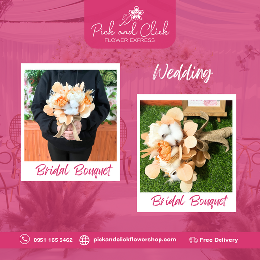 Rustic bridal bouquet featuring dried flowers in orange and rust colors