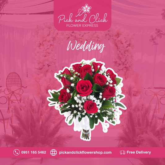 Bridal bouquet of red roses, gypsophila, rosal, and celum leaves—elegant wedding arrangement in hand-tied style