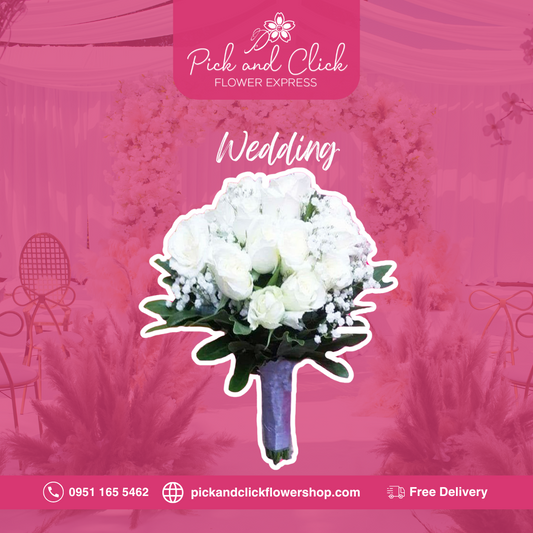 Bridal bouquet of imported white roses, gypsophila, and celum leaves—elegant and timeless wedding arrangement.