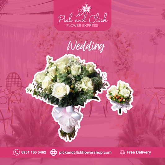 Bridal bouquet of imported white roses, Queen Anne’s Lace, clusters of berries, and eucalyptus—elegant wedding arrangement.