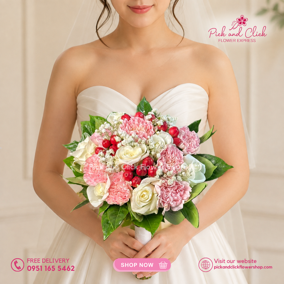 Bridal Bouquet 11 featuring 8 Imported White Roses, 8 Light Pink Carnations, Berries, Gypsophila, and Rosal in a soft white and pink wedding bouquet.