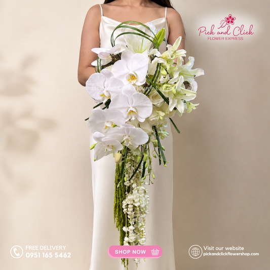 Bridal Bouquet 14 with White Phalaenopsis, White Stargazers, Imported White Roses, Orchids, Sampaguita, and Amaranthus for an elegant wedding in the Philippines.