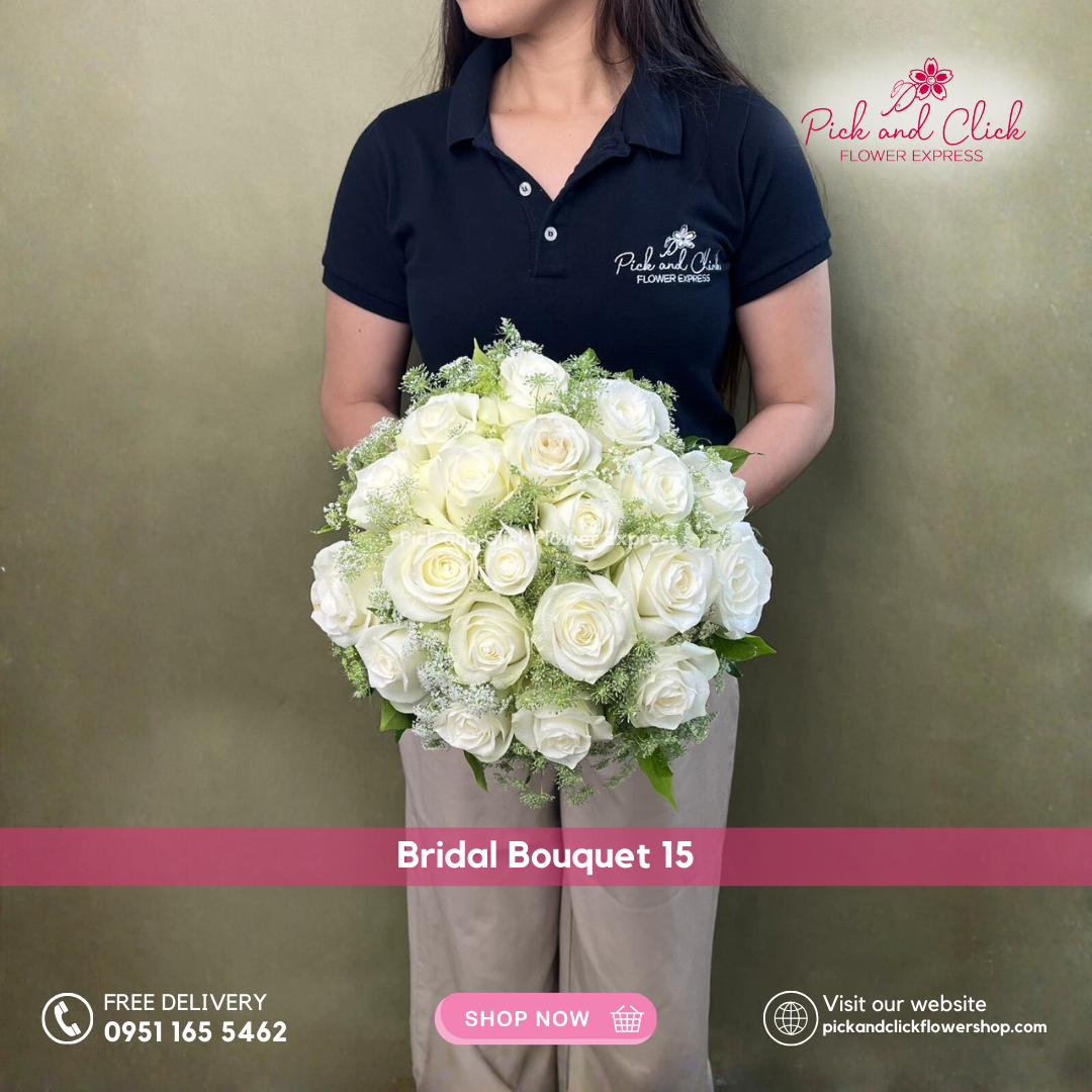 Bridal Bouquet 15 featuring imported white roses and Queen Anne’s Lace flowers, a soft and elegant bridal bouquet perfect for weddings and timeless romantic ceremonies in the Philippines.