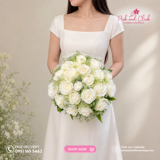 Bridal Bouquet 15 with 20 Imported White Roses and Queen Anne’s Lace flowers for an elegant white wedding bouquet in the Philippines.