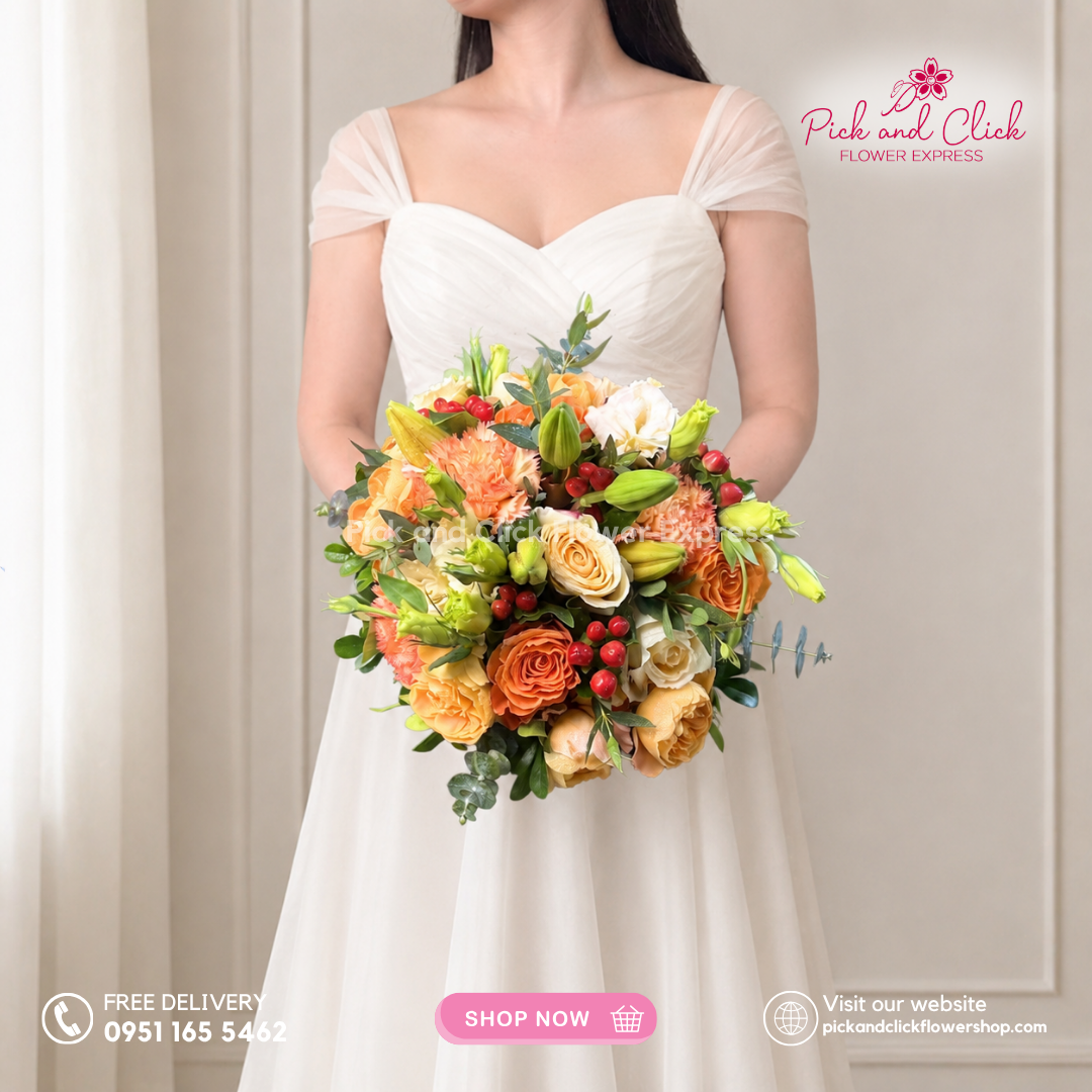Bridal Bouquet 16 featuring Orange Roses, Orange Carnations, Orange Spray Roses, Orange Stargazers, Peach Roses, Peach Lisianthus, Berries, and Eucalyptus for a vibrant wedding bouquet in the Philippines.