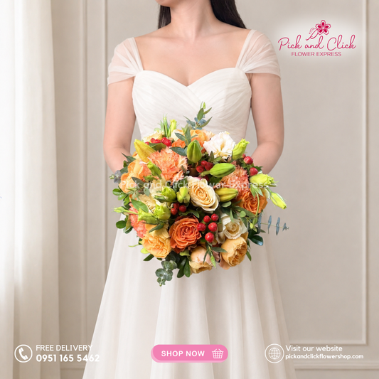 Bridal Bouquet 16 featuring Orange Roses, Orange Carnations, Orange Spray Roses, Orange Stargazers, Peach Roses, Peach Lisianthus, Berries, and Eucalyptus for a vibrant wedding bouquet in the Philippines.