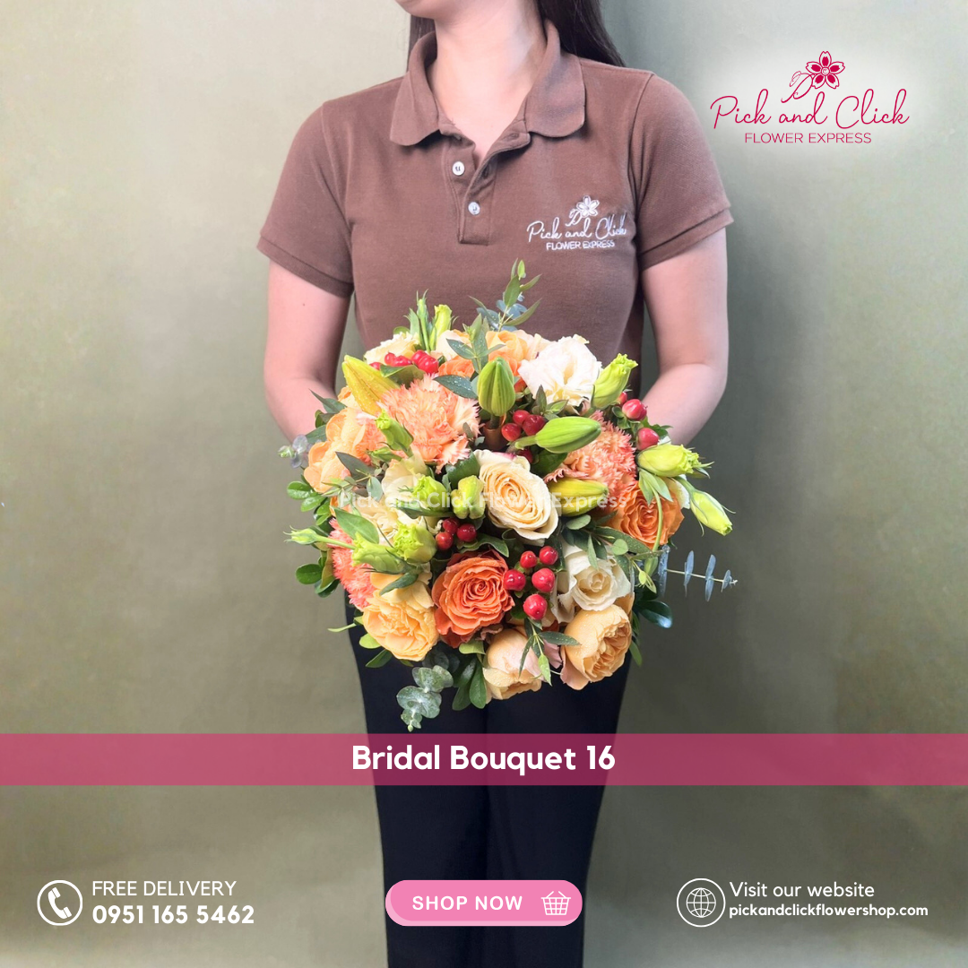 Bridal Bouquet 16 featuring orange roses, orange carnations, orange spray roses, orange stargazer lilies, peach roses, peach lisianthus, berries, and fresh eucalyptus, a vibrant and elegant warm toned bridal bouquet perfect for weddings and special ceremonies in the Philippines.