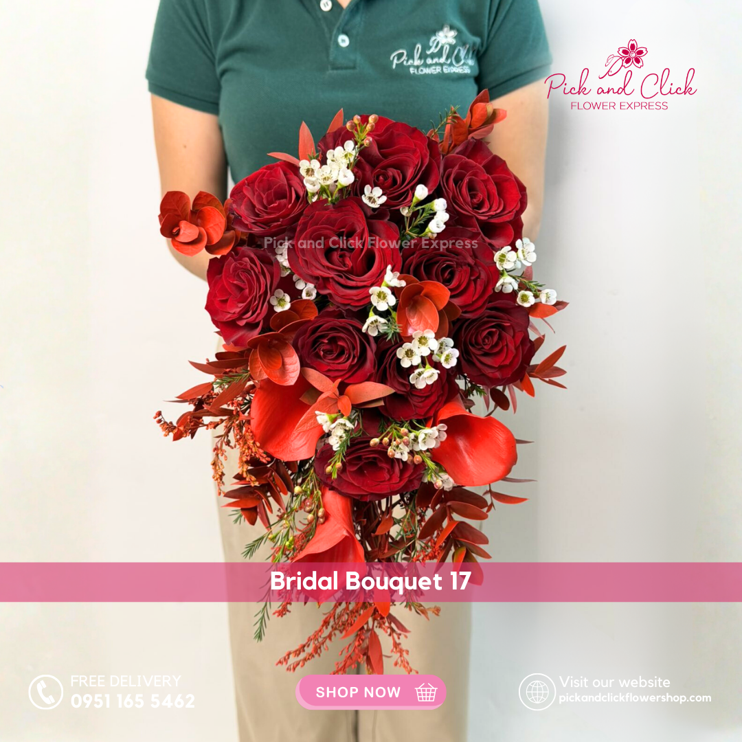 Bridal Bouquet 17 featuring imported red roses, red sprayed calla lily, eucalyptus, wax flowers, and parvi leaves, an elegant and romantic wedding bridal bouquet designed for weddings in the Philippines.